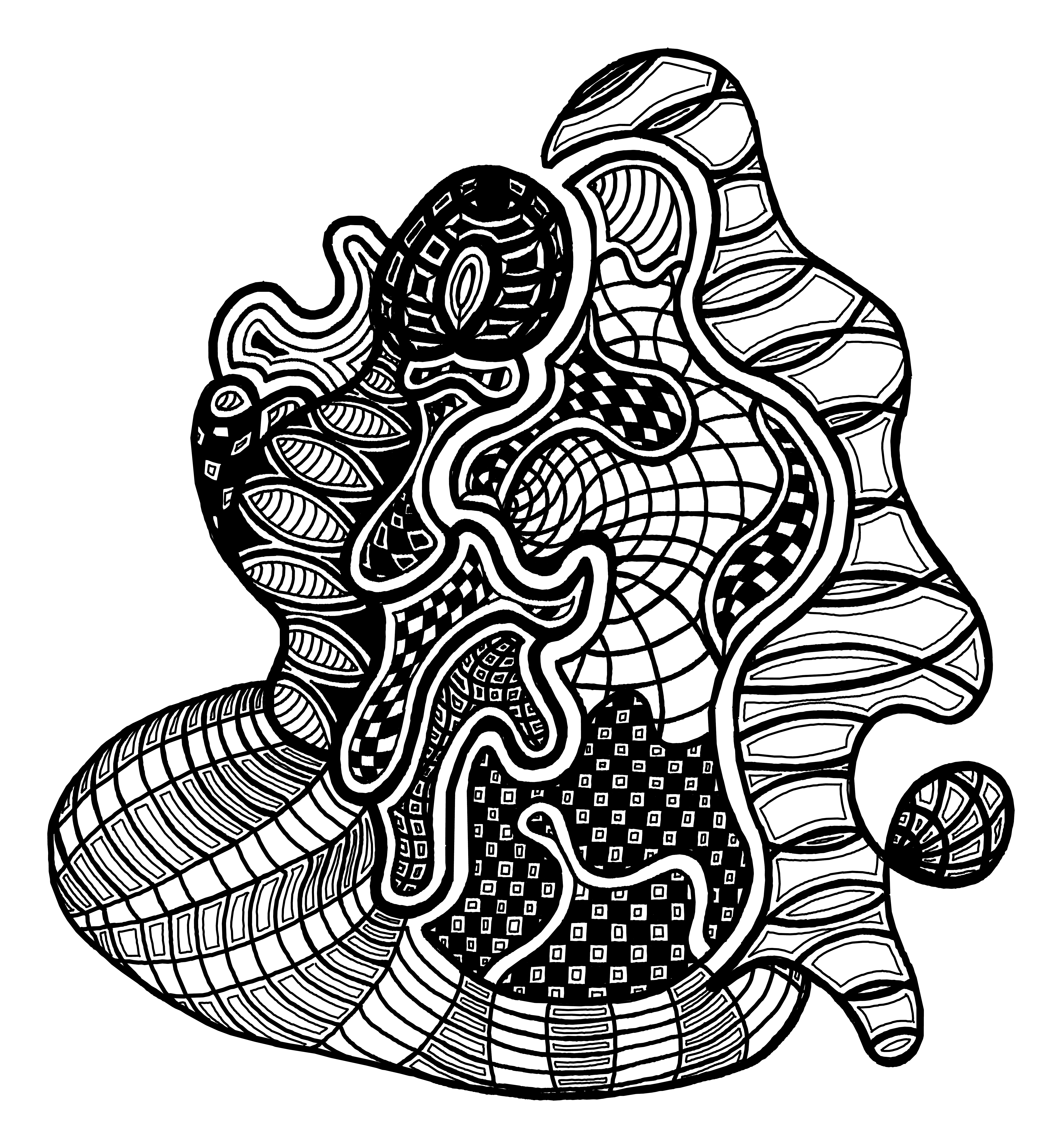 Ink drawing: Stacked arches and flowing geometric textures in a tiered totem